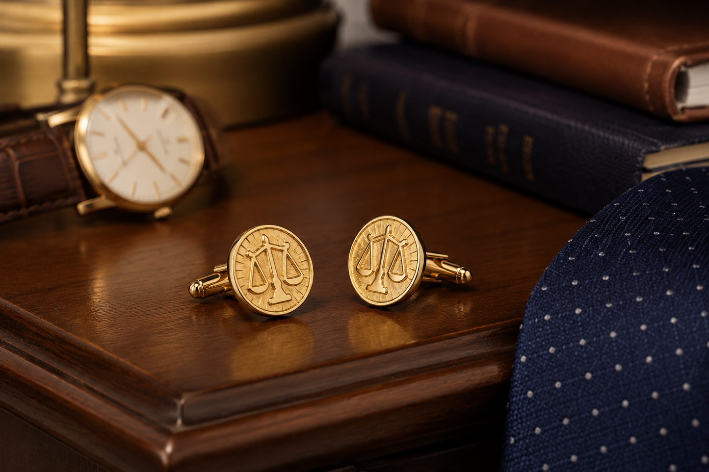 Gold cufflinks on a wooden surface with a watch and books in the background