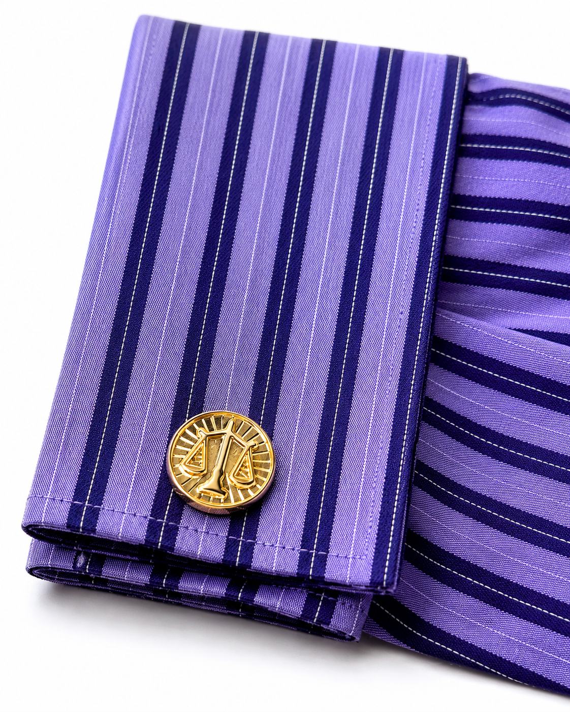 Purple striped tie with a gold clasp on a white background Gold Scales of Justice cufflinks for lawyers attorneys judges and legal professionals with polished gold finish