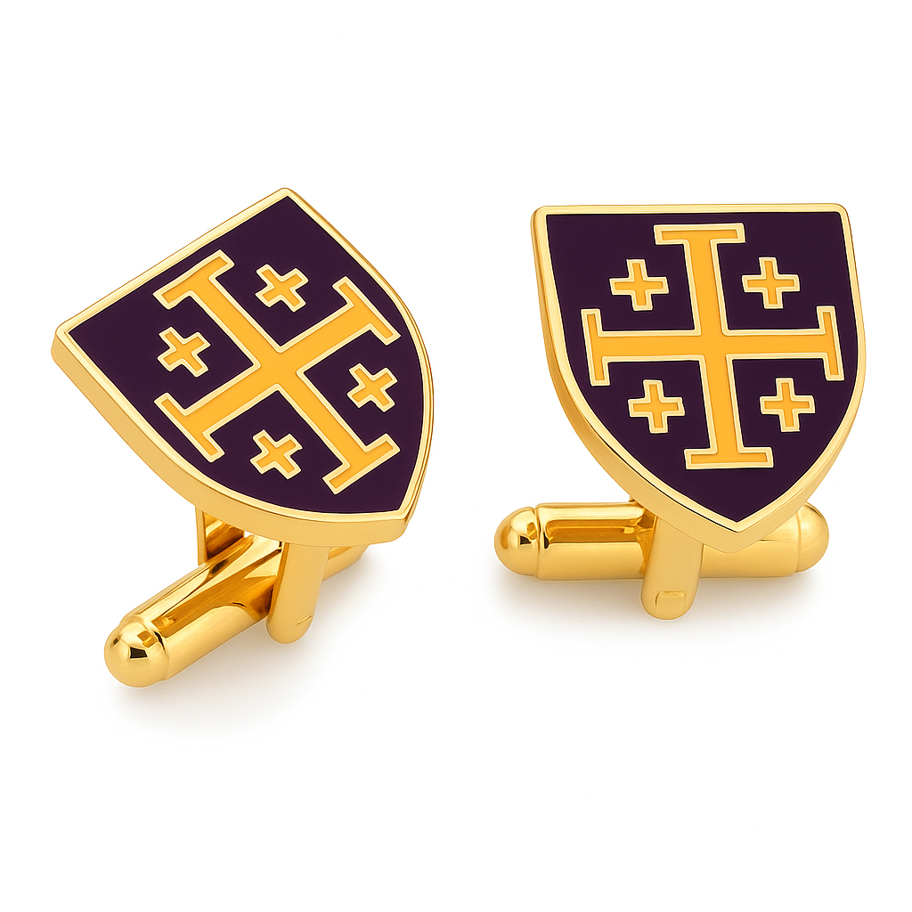 Gold and purple Jerusalem Cross cufflinks — handcrafted faith-inspired accessories symbolizing strength and devotion, made by JayPins.