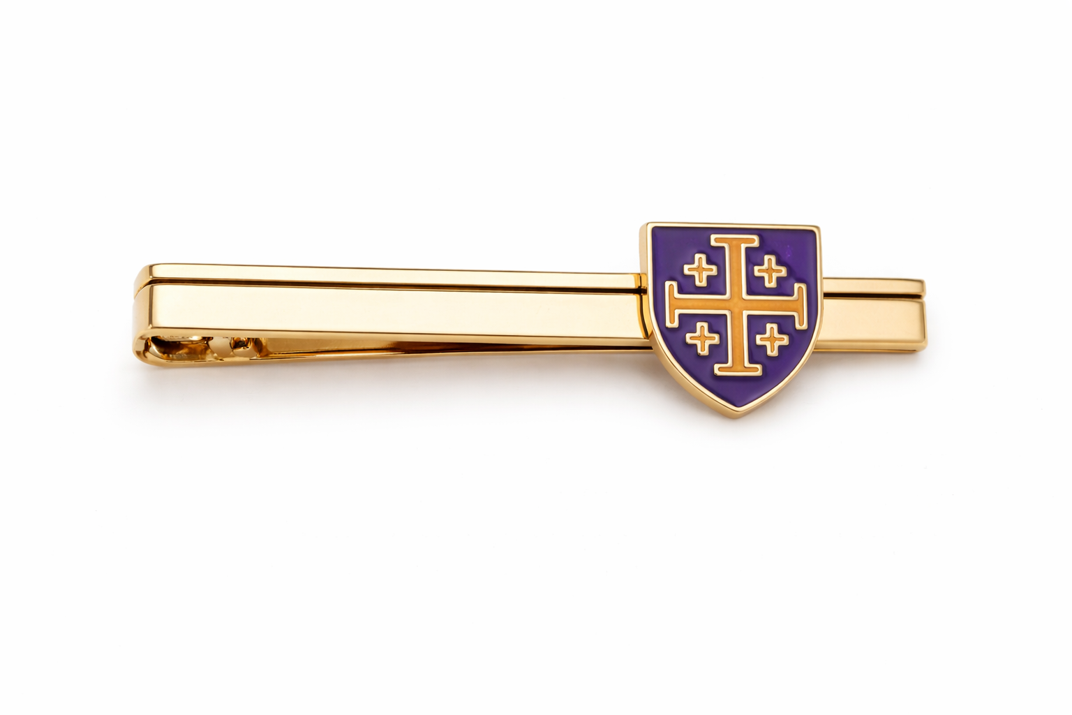 Gold and purple religious tie clip for formal wear