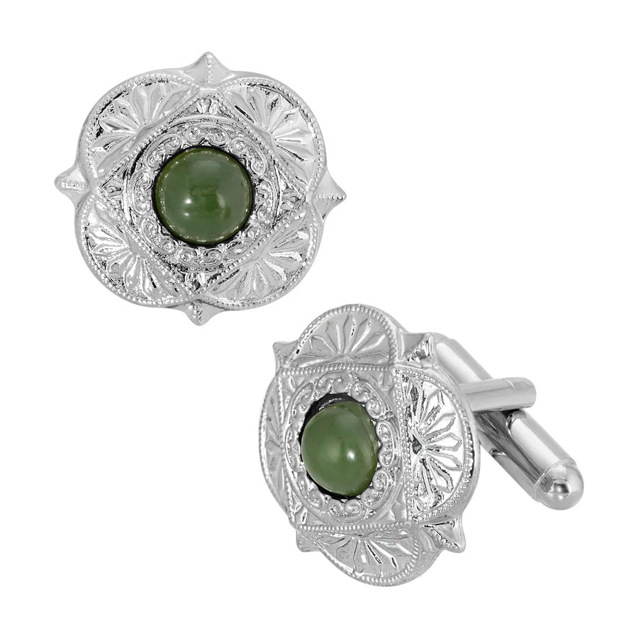 Men's Cufflinks Round Green Jade Gemstone Cuff Links