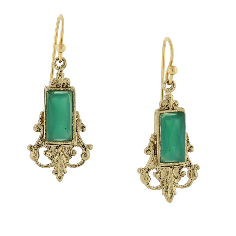 Women's Earrings Green Slip Stone Jewelry Antique Inspired Glass Stone Baguette Wire Drop Earrings