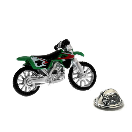 Motorcycle-shaped lapel pin on a white background