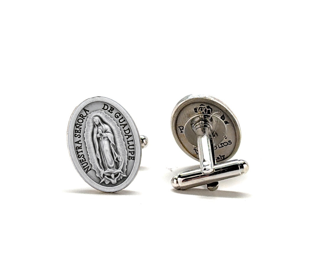Silver Our Lady of Guadalupe cufflinks on a white background