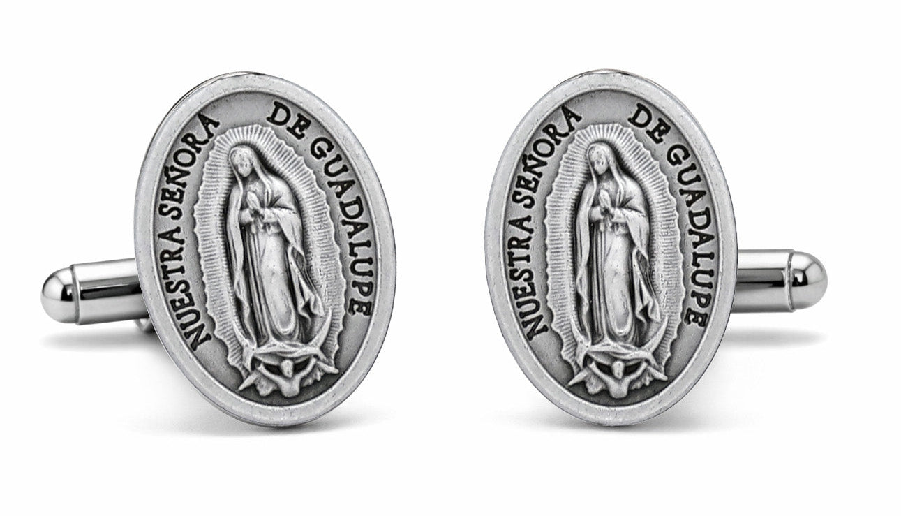 Silver Our Lady of Guadalupe cufflinks on a white background