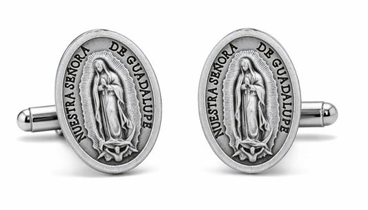 Silver Our Lady of Guadalupe cufflinks on a white background
