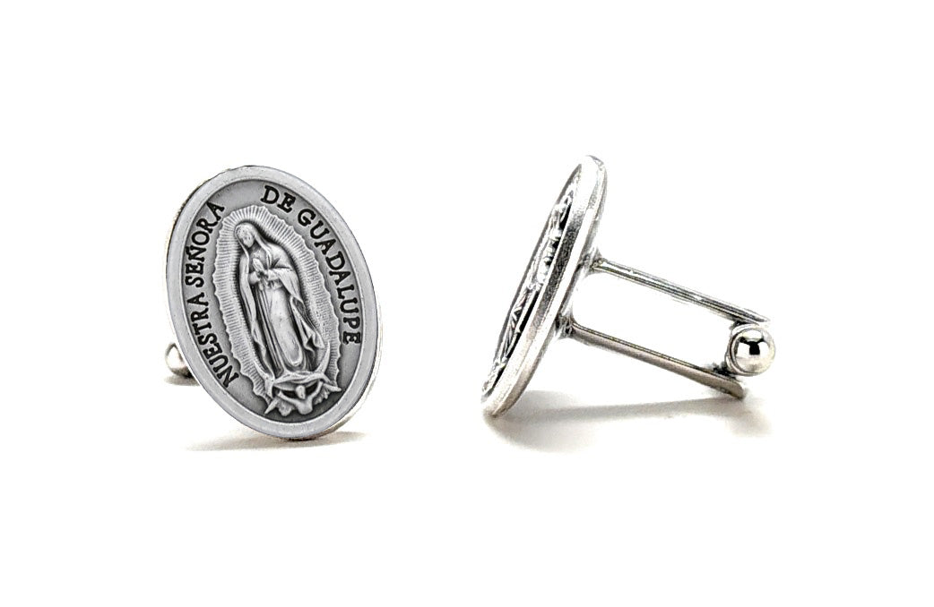 Silver Our Lady of Guadalupe cufflinks on a white background