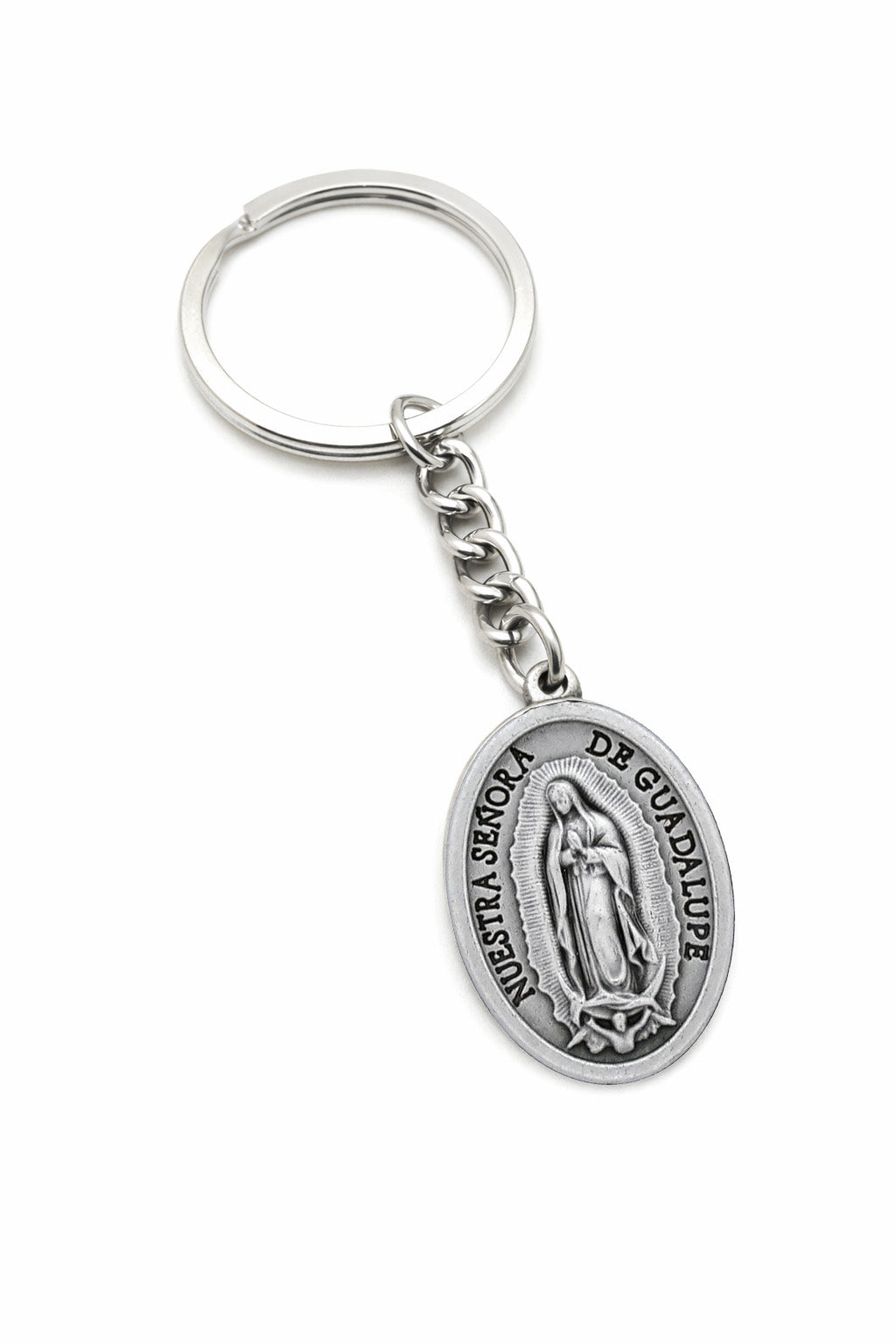 Our Lady of Guadalupe Catholic keychain with Virgin Mary medal on white background