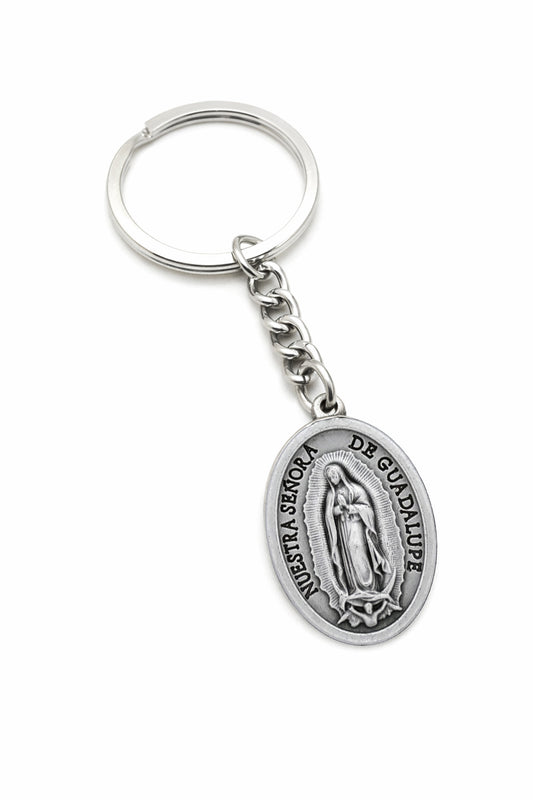 Our Lady of Guadalupe Catholic keychain with Virgin Mary medal on white background