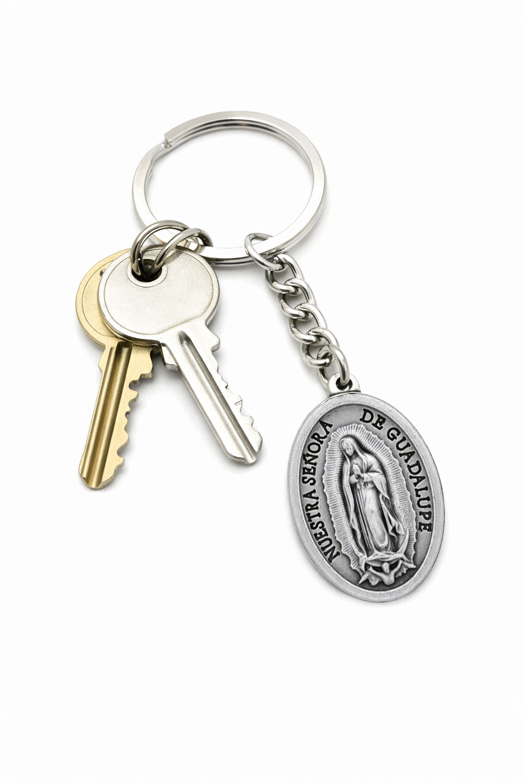 Our Lady of Guadalupe Catholic keychain with Virgin Mary medal on white background with keys on the keychain