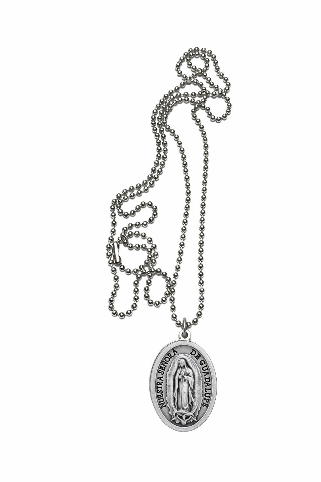 Our Lady of Guadalupe medal necklace with stainless steel ball chain on white background