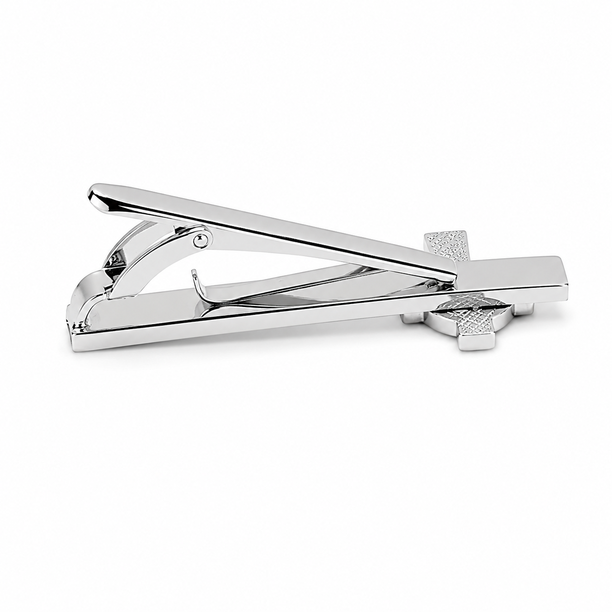 Silver tie clip on a white background
