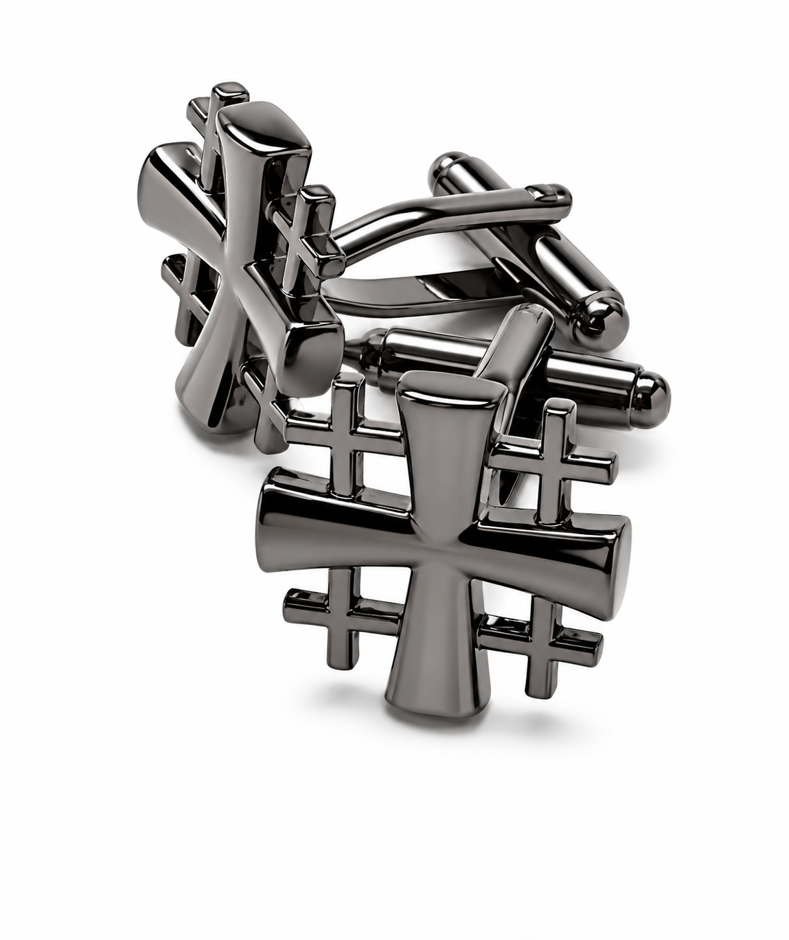 A pair of dark metallic cufflinks featuring a bold cross design layered over a smaller cross motif, displayed on a clean white background.