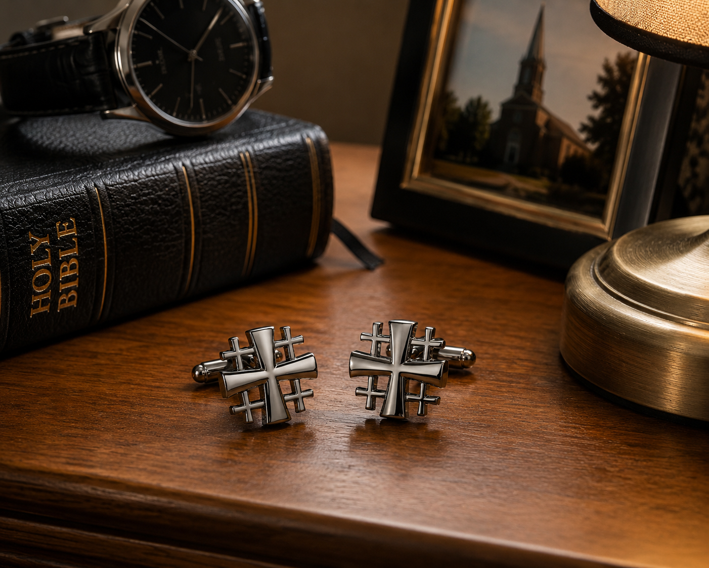 A pair of silver-toned metal cufflinks with a cross and dagger motif, displayed on a wooden desk next to a black leather Holy Bible, a wristwatch, and a brass lamp.