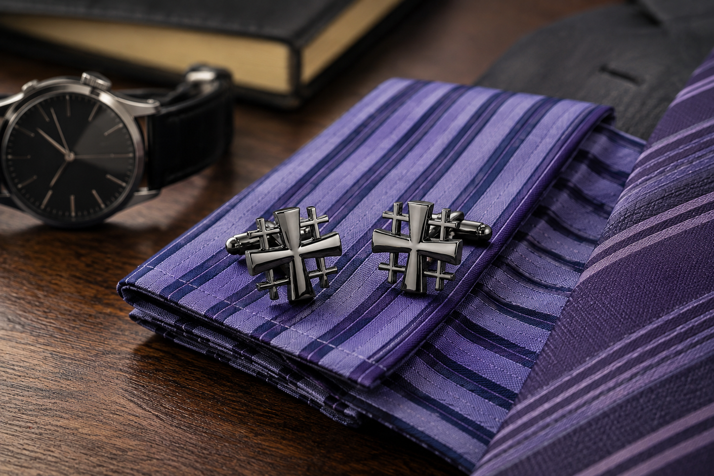 A pair of silver-toned cross-shaped cufflinks displayed on a purple striped dress shirt pocket square, with a matching striped tie and a black watch on a wooden table.