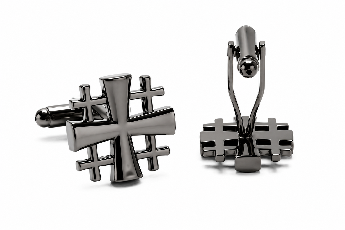 A pair of men's cufflinks with a polished dark metallic finish, featuring a cross and grid pattern on the face, shown on a clean white background.