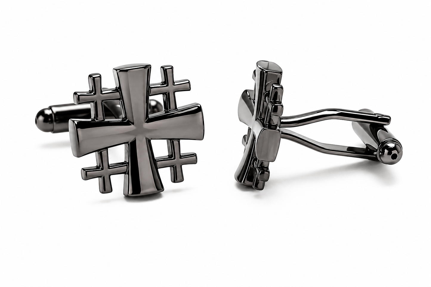 A pair of men's cross-shaped cufflinks in a polished dark gunmetal gray finish, displayed on a clean white background to show both the front face and the side profile.