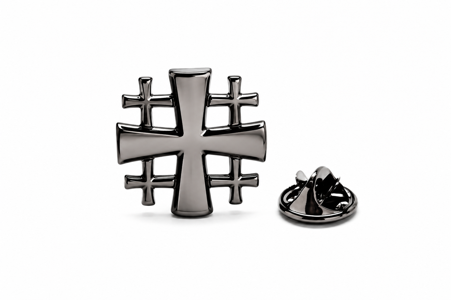 Gunmetal Jerusalem Cross cutout lapel pin for men with clutch back
