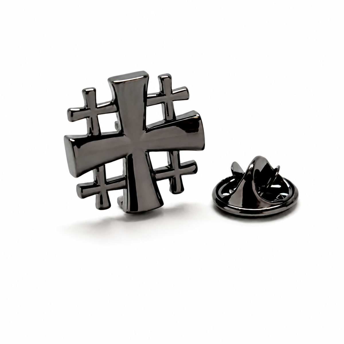 Back of Jerusalem Cross lapel pin showing post and clutch
