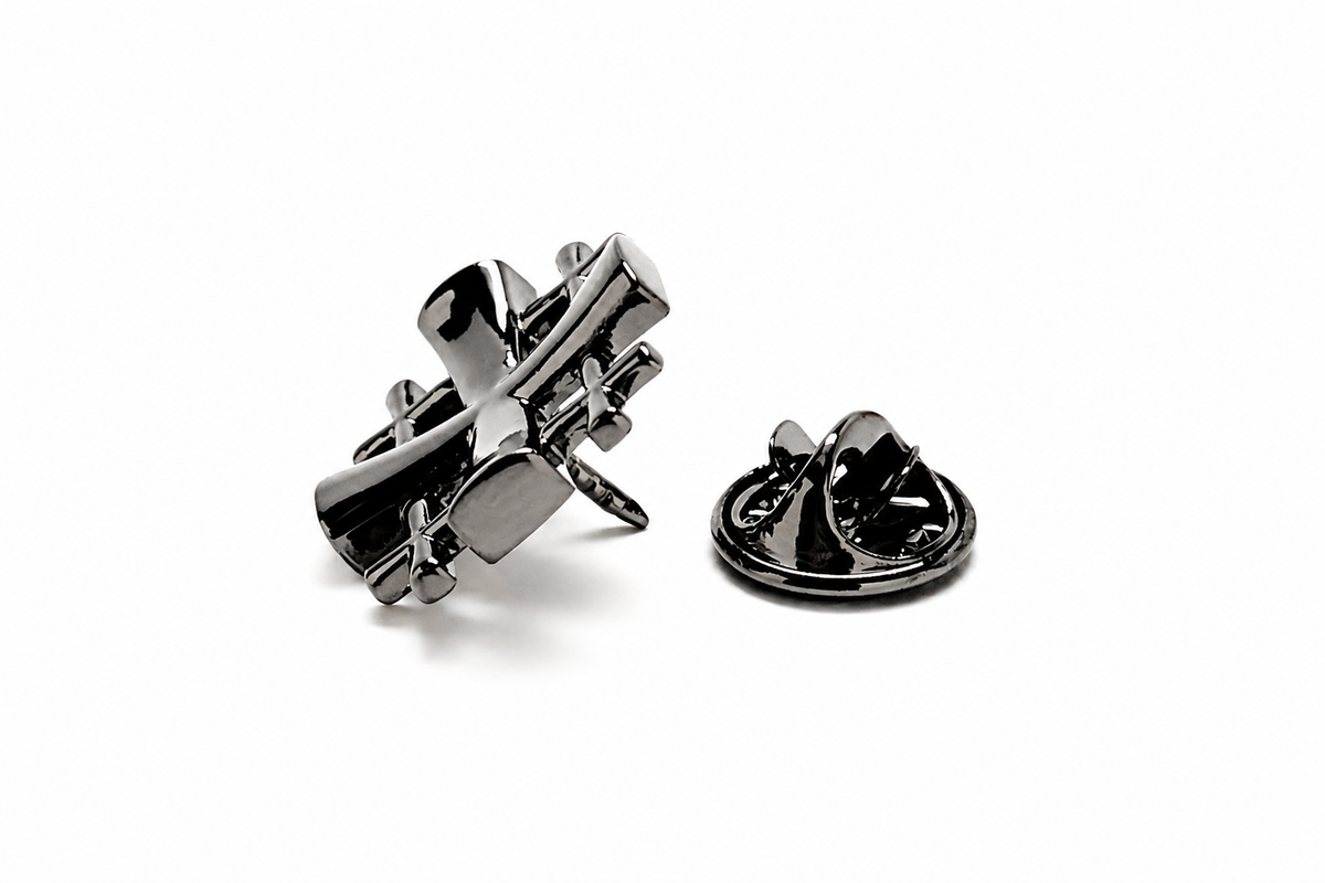Gunmetal Jerusalem Cross lapel pin angled side view