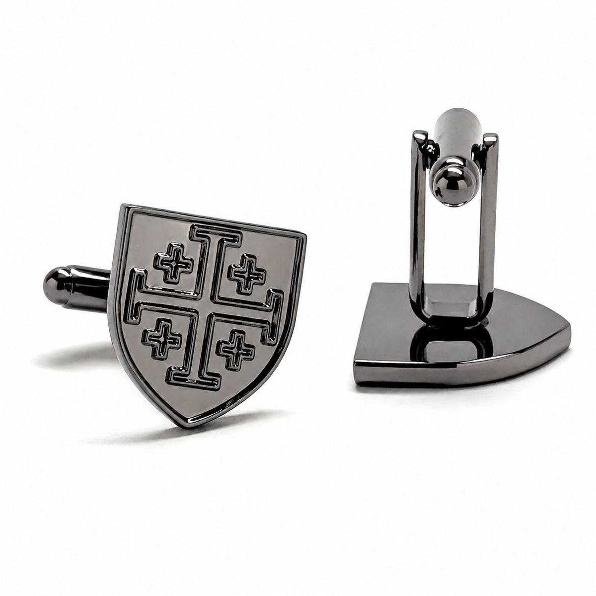 Jerusalem Cross shield cufflinks showing front and swivel back