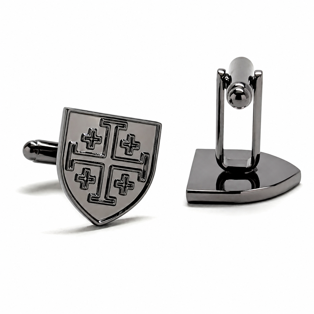 Jerusalem Cross shield cufflinks showing front and swivel back