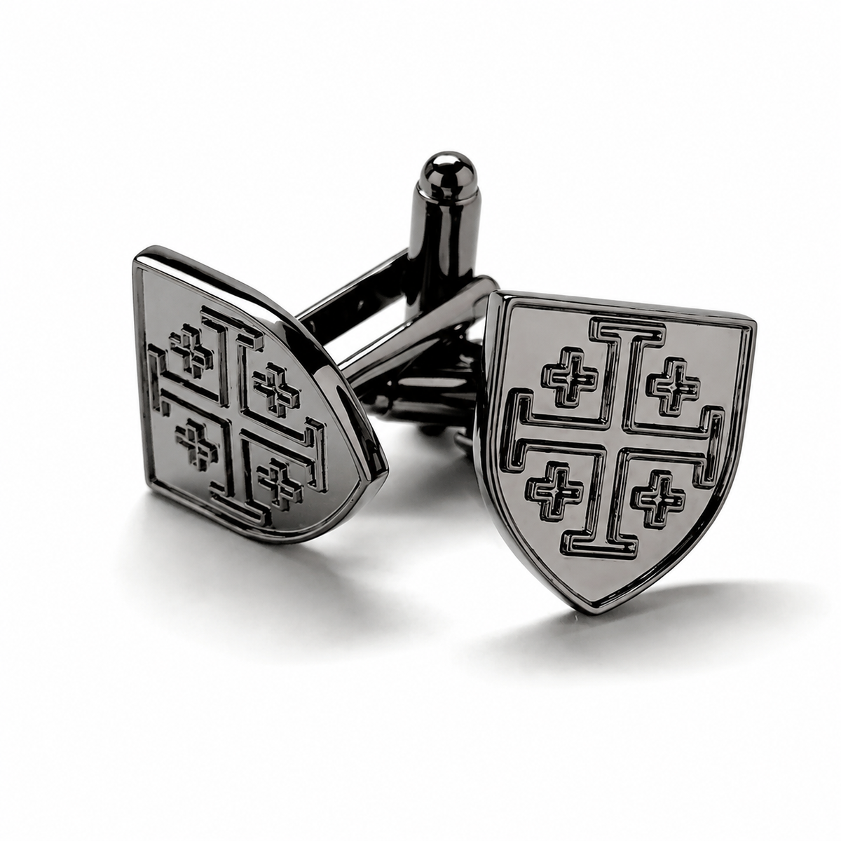 Pair of gunmetal Jerusalem Cross shield cufflinks