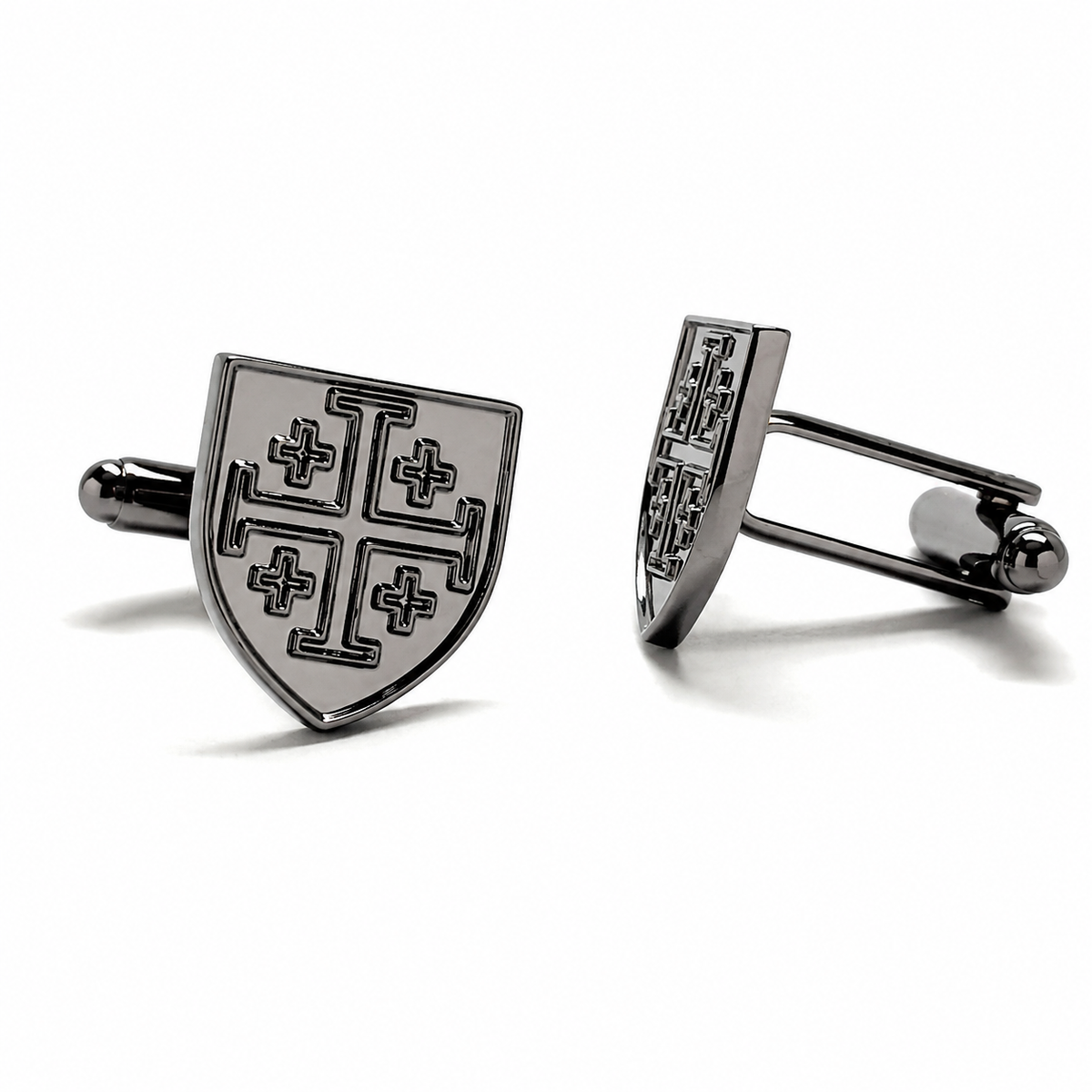 Jerusalem Cross shield cufflinks showing front and swivel back