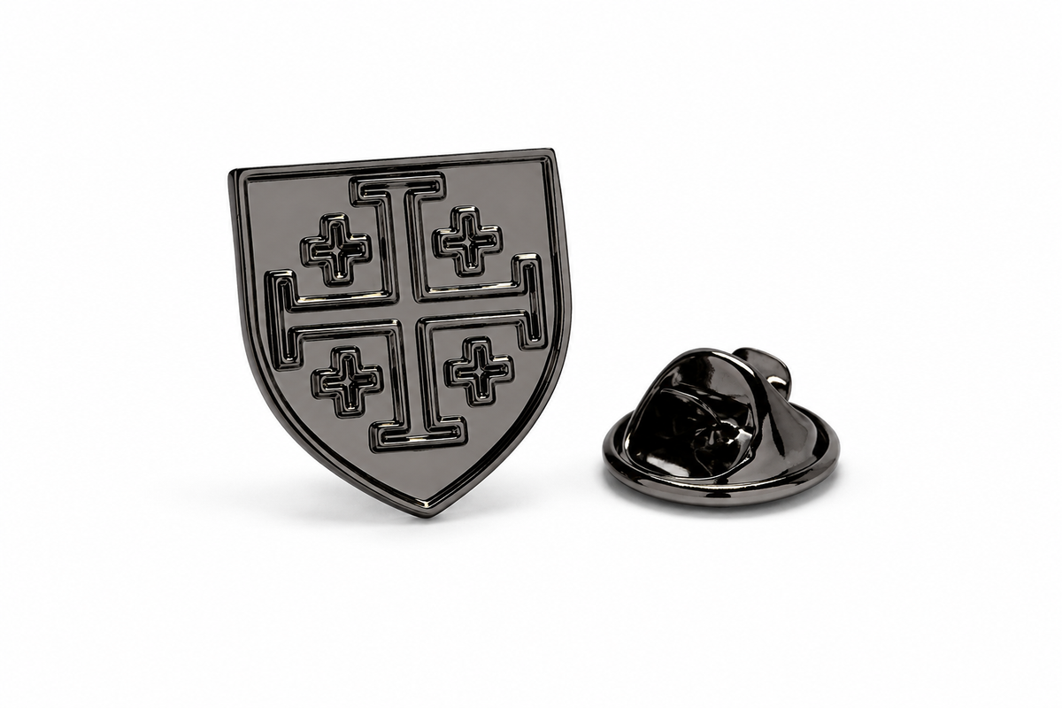 Gunmetal Jerusalem Cross shield lapel pin for men with clutch back