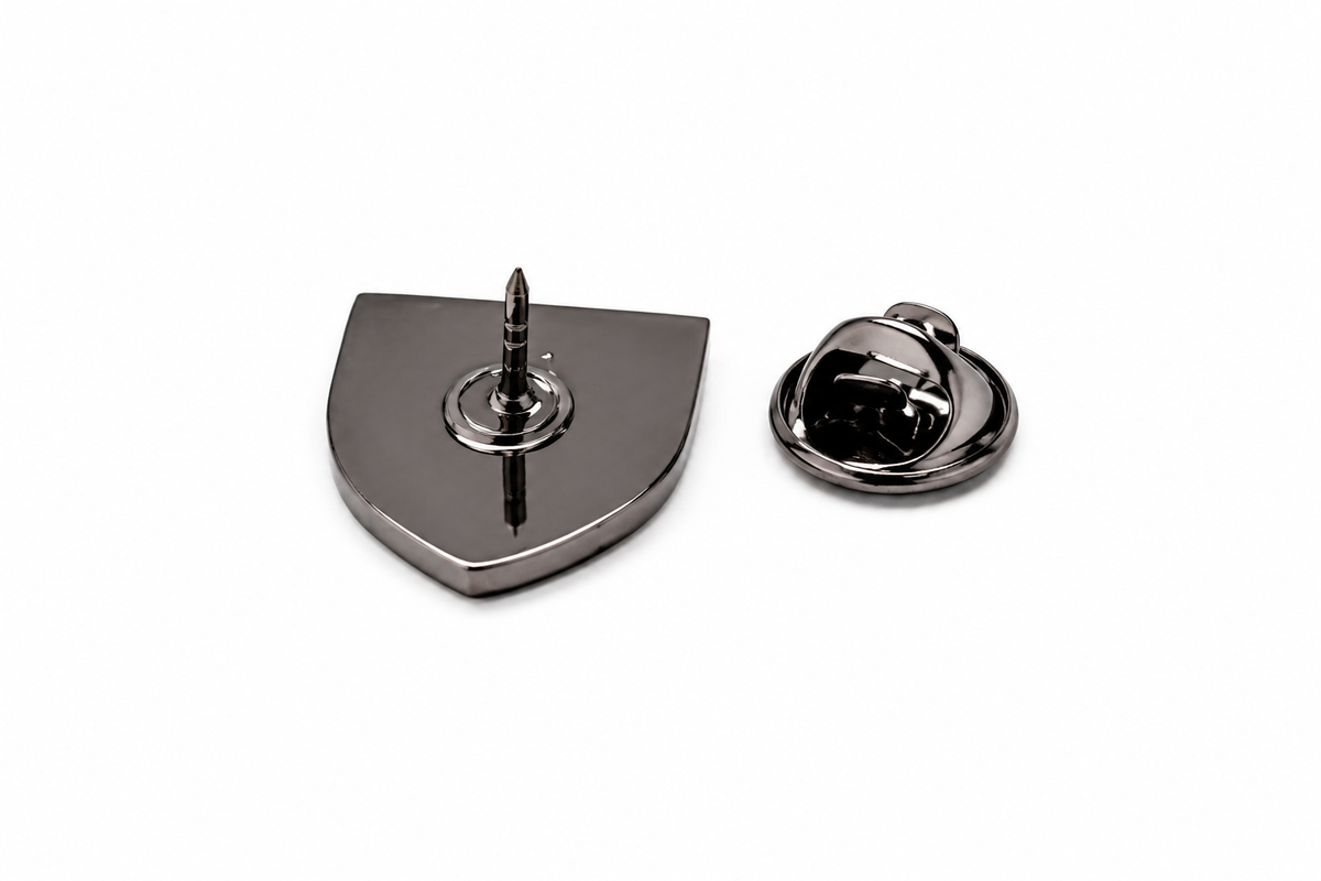 Gunmetal Jerusalem Cross shield lapel pin for men with clutch back backside