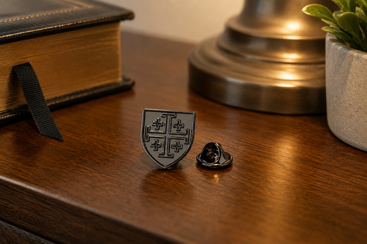 Gunmetal Jerusalem Cross shield lapel pin for men with clutch back night stand