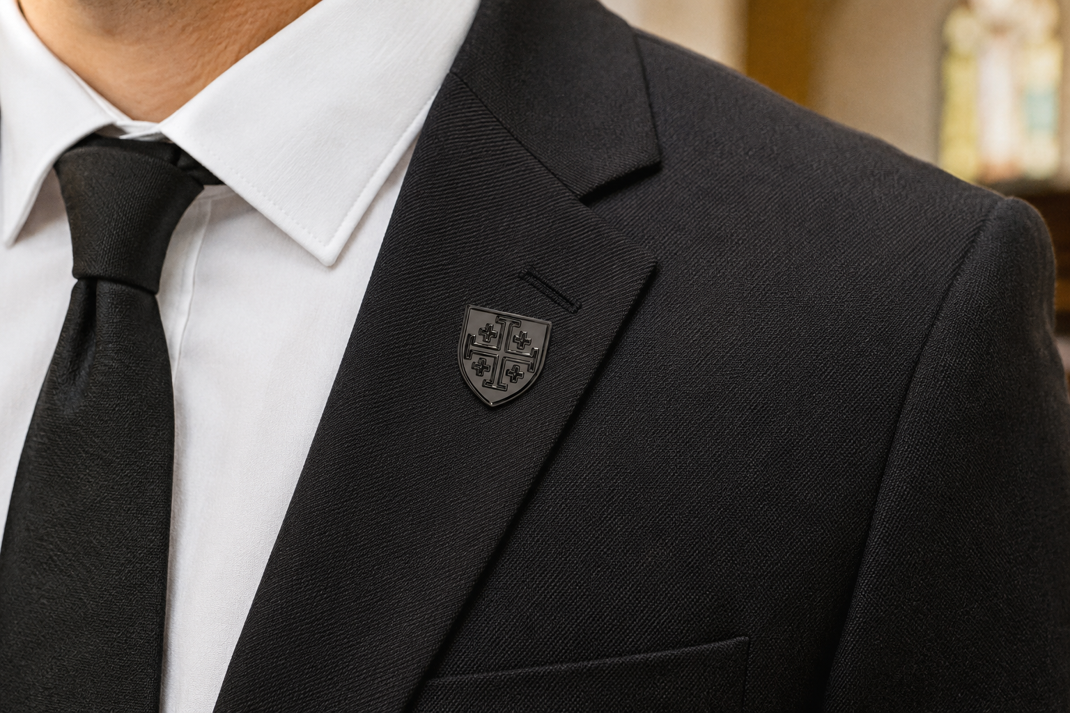 Gunmetal Jerusalem Cross shield lapel pin for men with clutch back suit