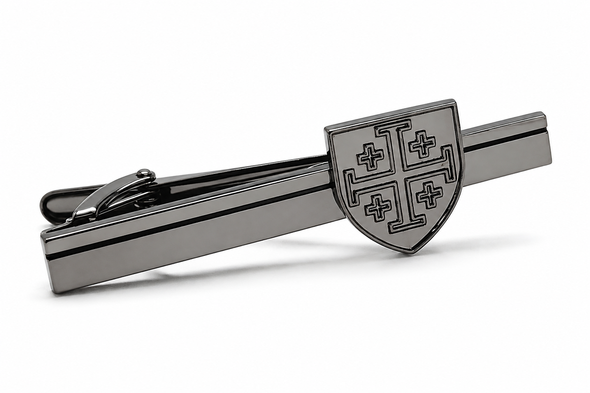 Gunmetal Jerusalem Cross shield tie clip for men Christian tie bar