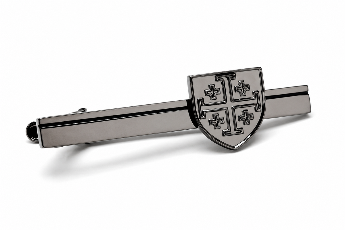 Gunmetal Jerusalem Cross shield tie clip for men Christian tie bar close up