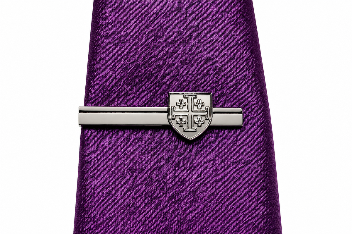 Gunmetal Jerusalem Cross shield tie clip for men Christian tie bar purple tie close up