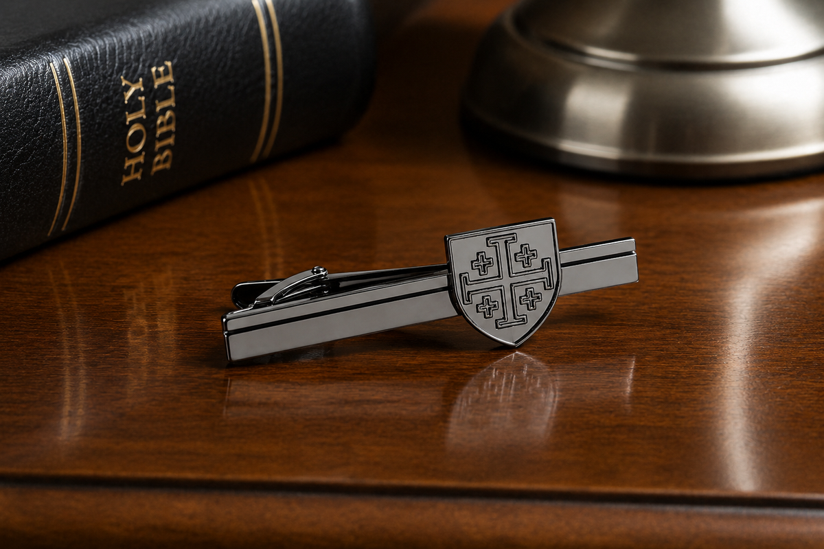 Gunmetal Jerusalem Cross shield tie clip for men Christian tie bar nightstand