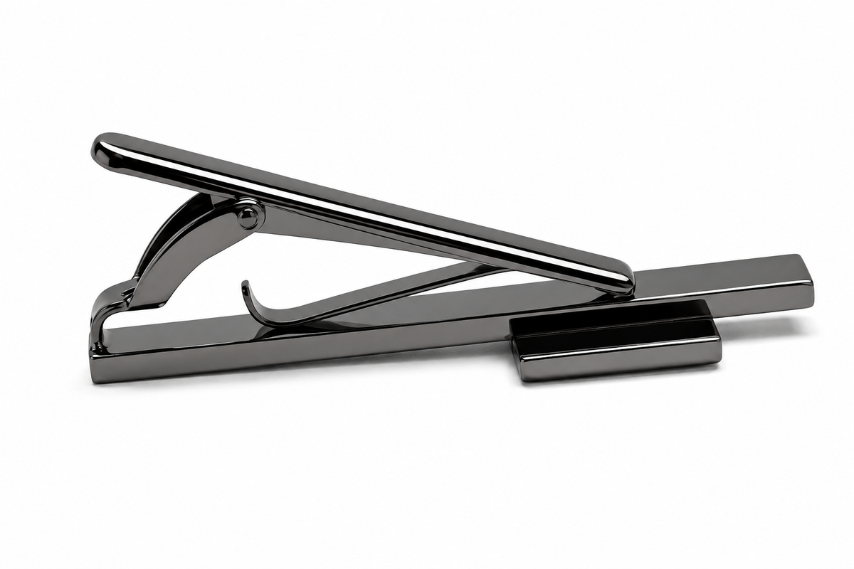 Gunmetal Jerusalem Cross shield tie clip for men Christian tie bar side view