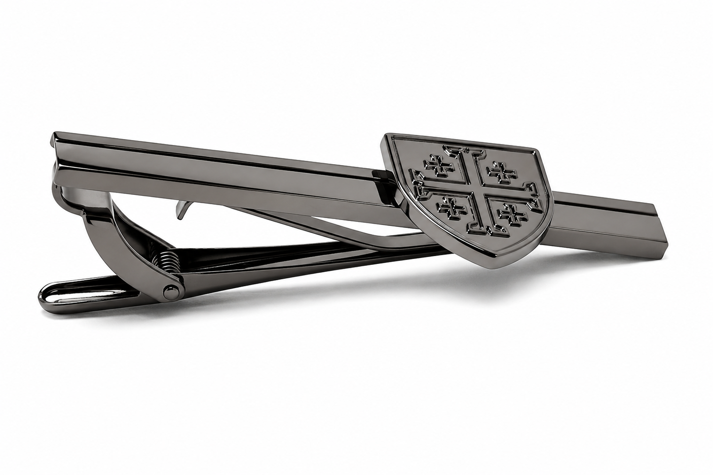 Gunmetal Jerusalem Cross shield tie clip for men Christian tie bar side view cross section 
