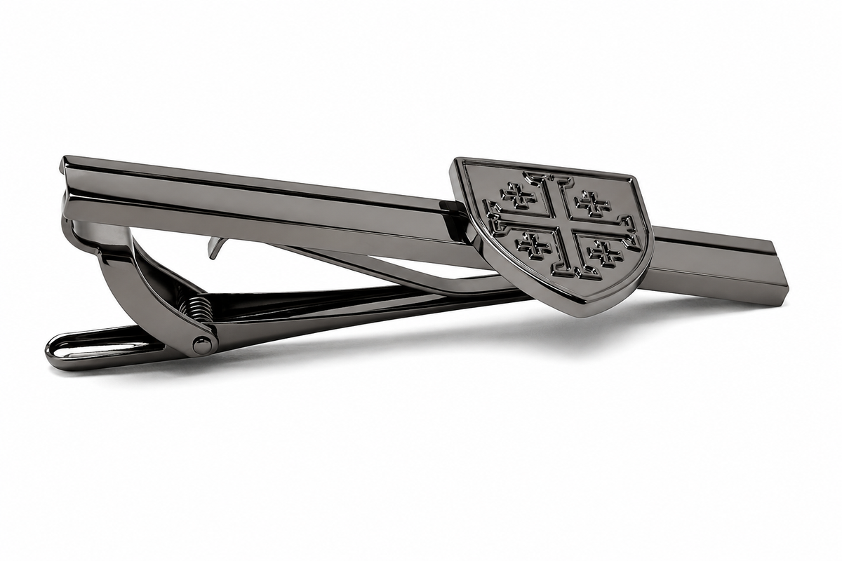 Gunmetal Jerusalem Cross shield tie clip for men Christian tie bar side view cross section 