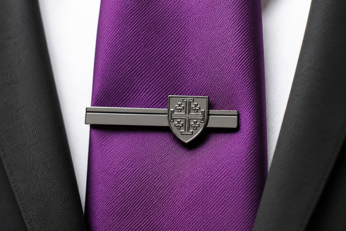 Gunmetal Jerusalem Cross shield tie clip for men Christian tie bar suit purple tie