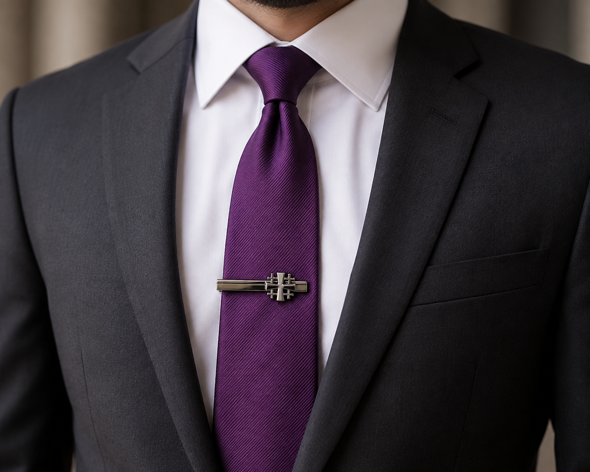 A close-up of a man wearing a dark gray suit jacket, white dress shirt, and a textured purple necktie secured with a silver-toned Gunmetal Jerusalem Cross Tie Clip