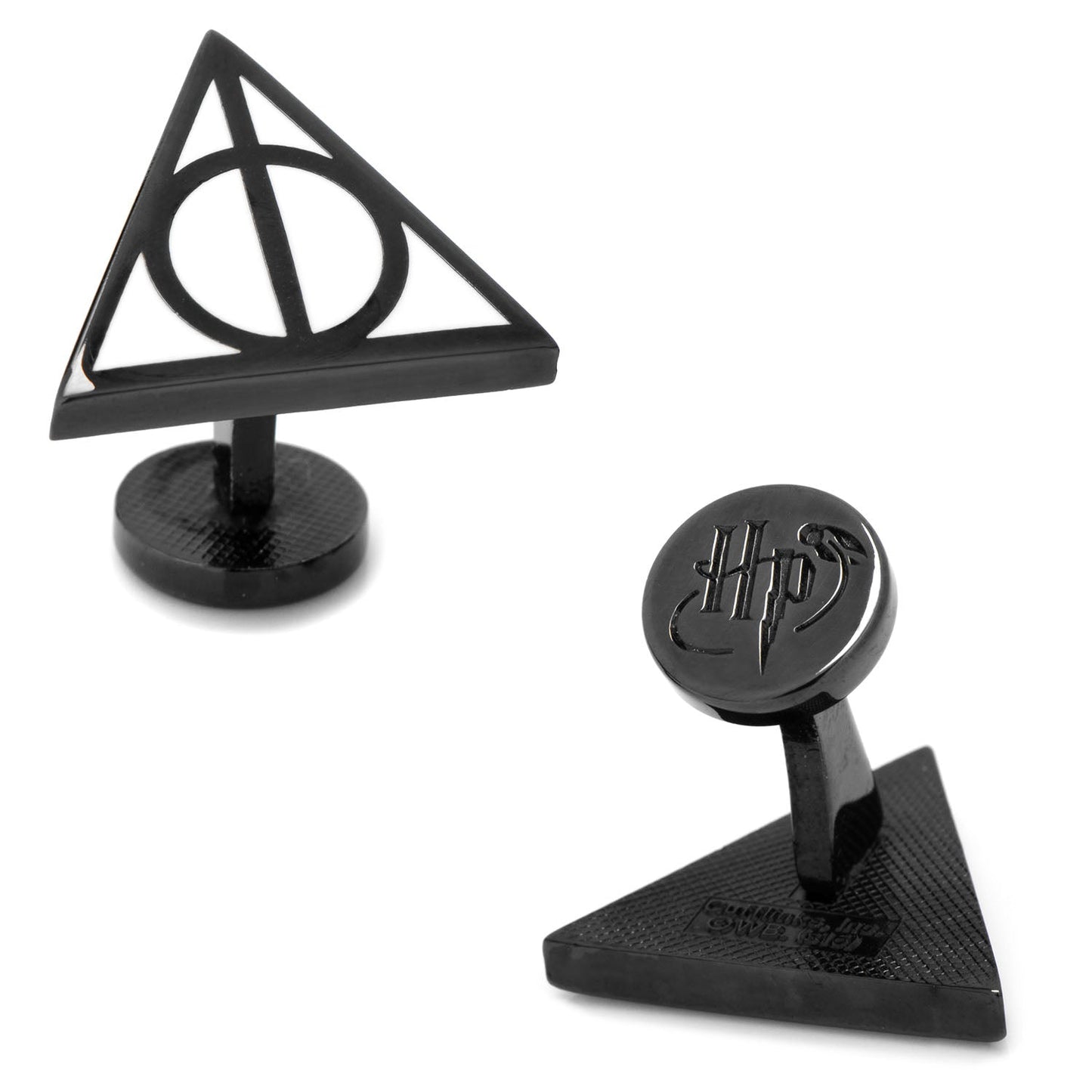 Black Deathly Hallows symbol cufflinks on a white background