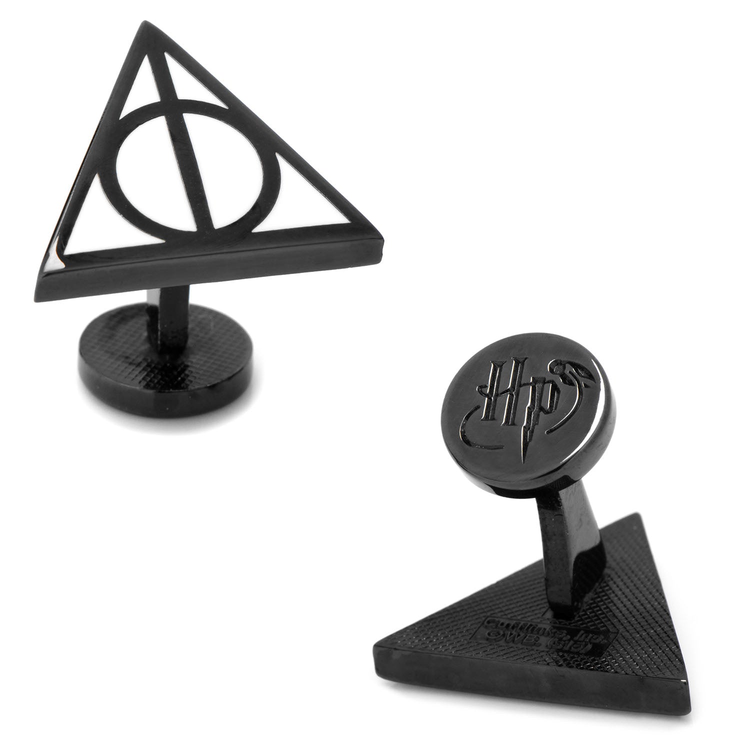 Black Deathly Hallows symbol cufflinks on a white background