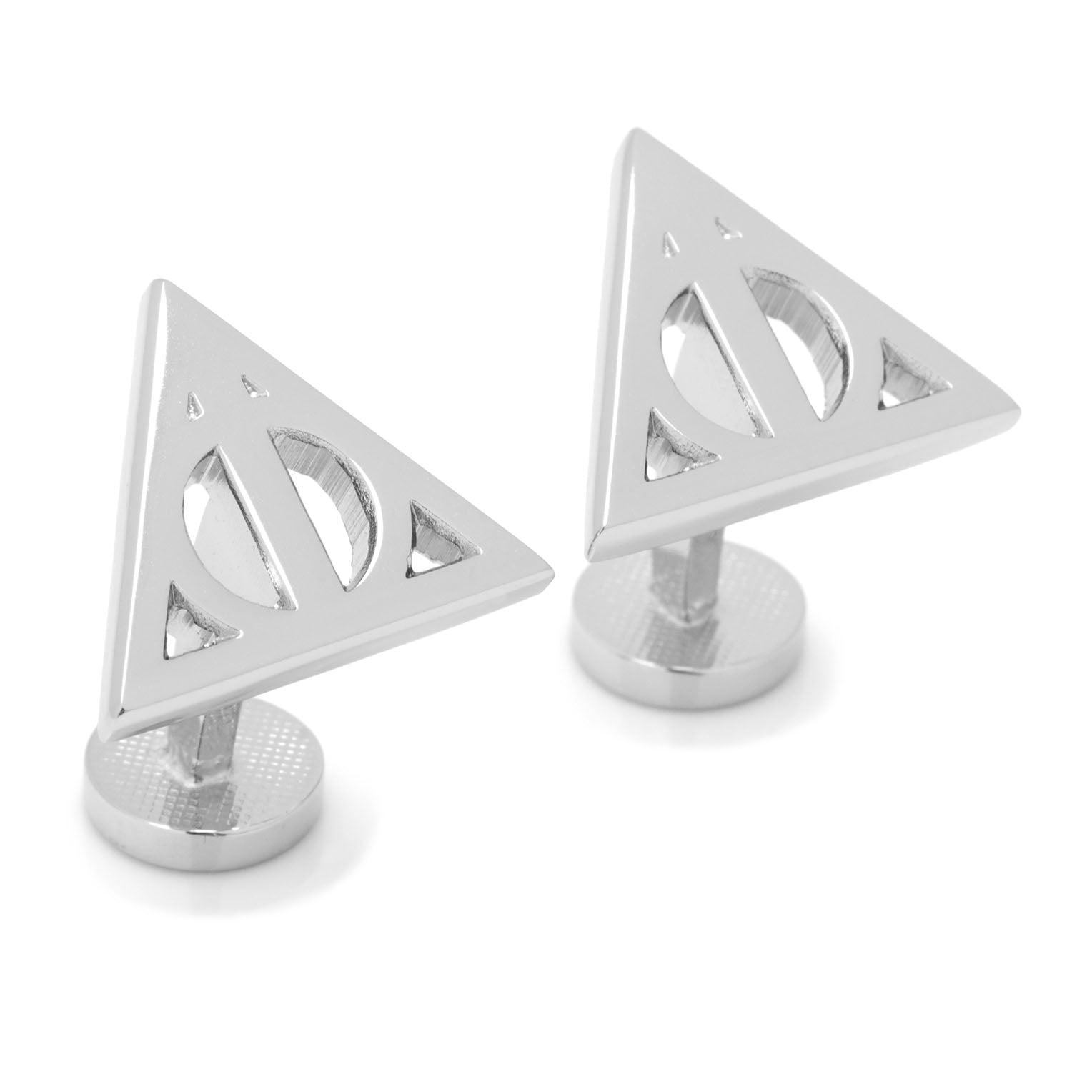Silver Deathly Hallows cufflinks on a white background