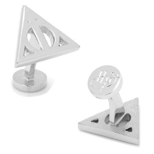 Silver 'Deathly Hallows' cufflinks on a white background