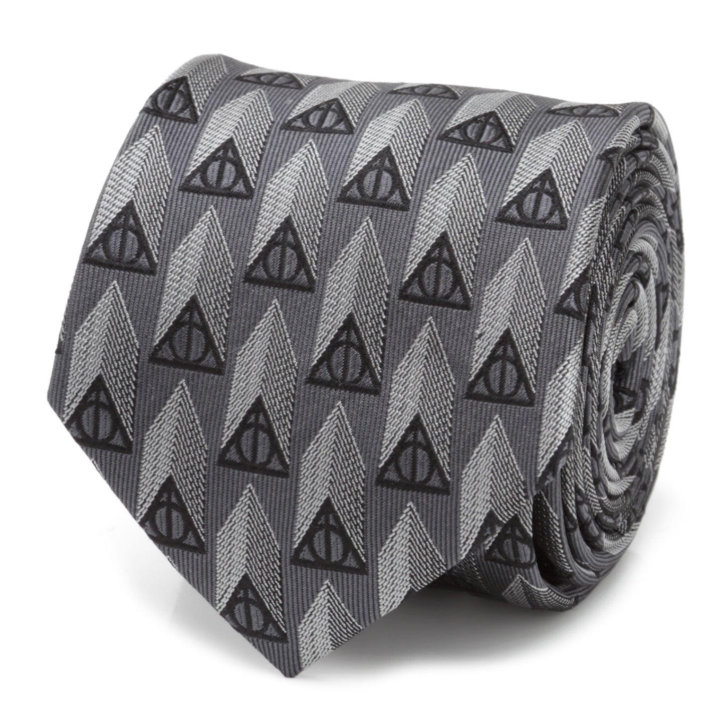 Gray tie with black triangle symbols on a white background