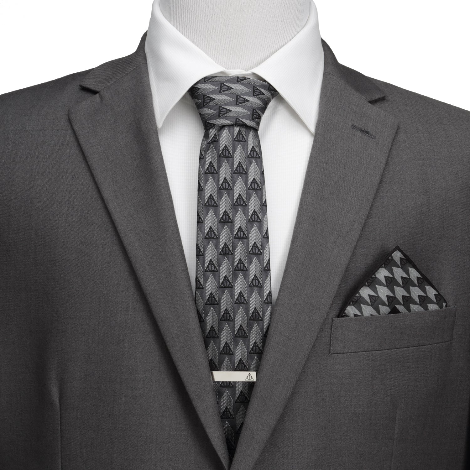 Gray suit with patterned tie and pocket square on a mannequin