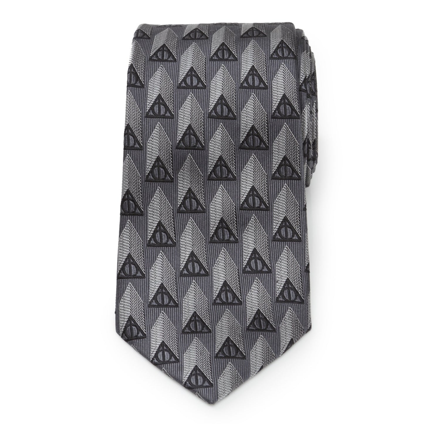 Gray tie with black geometric pattern on a white background