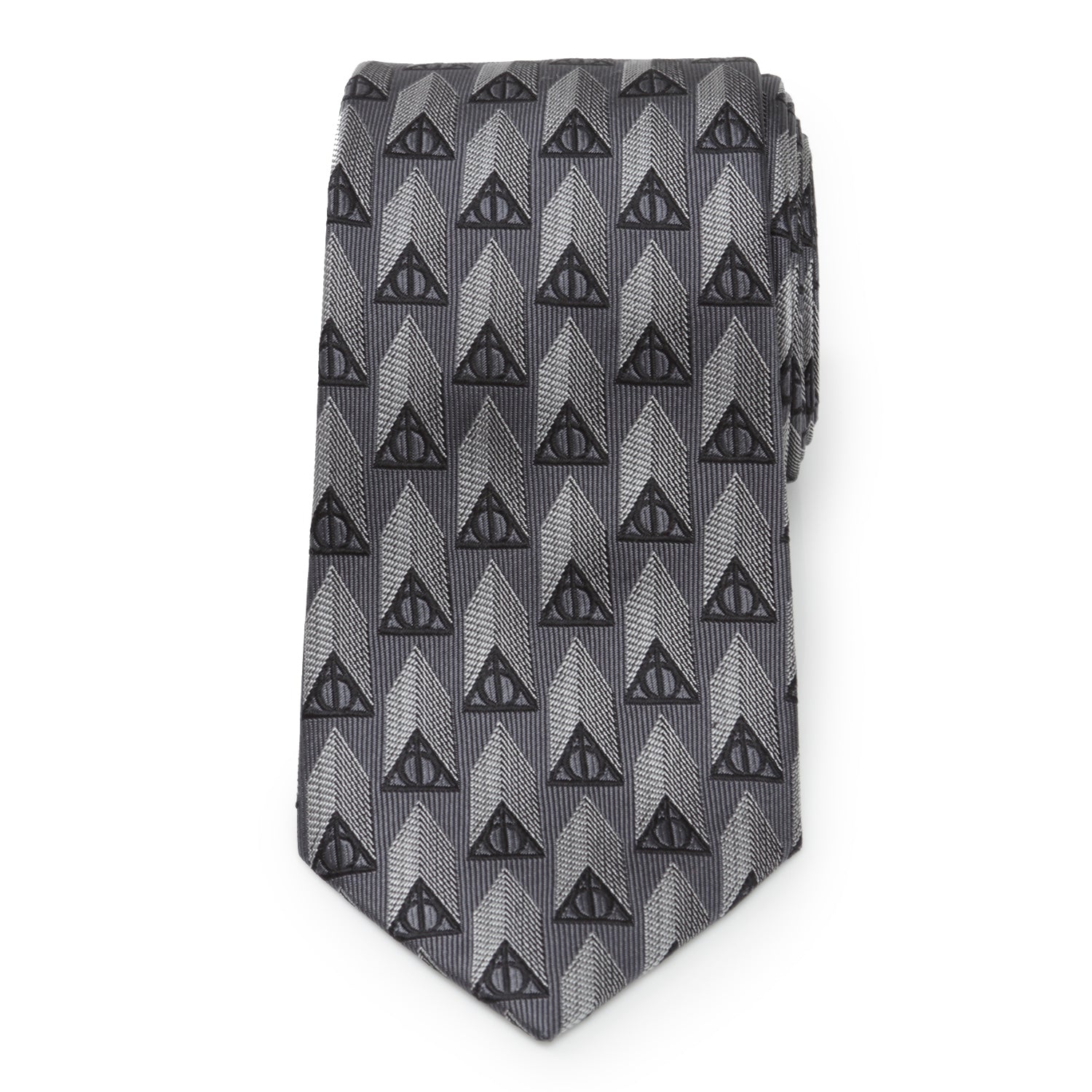 Gray tie with black geometric pattern on a white background