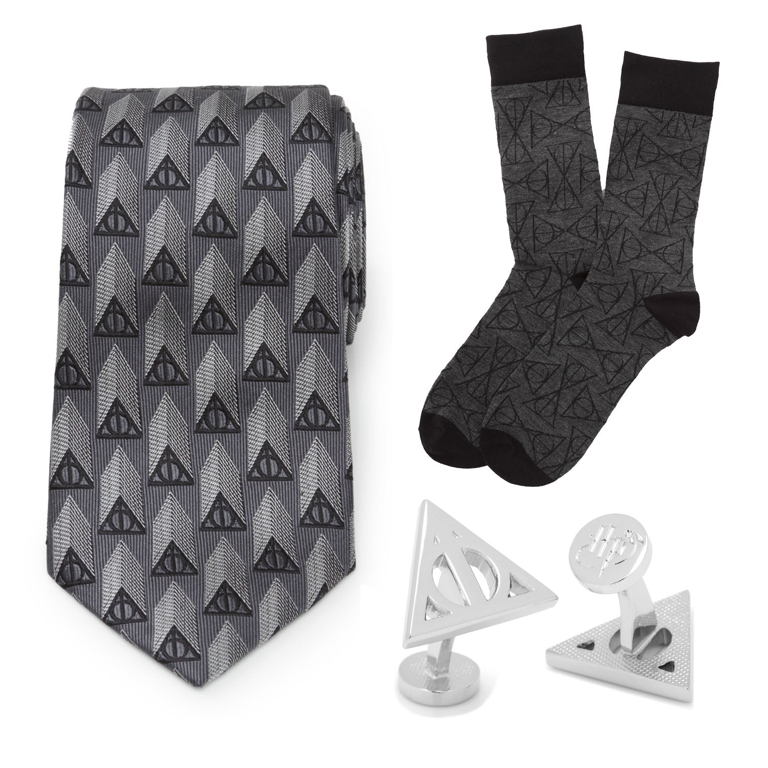 Gray tie with black triangle pattern, matching socks, and two silver tie clips on a white background